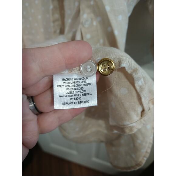 Charter Club Linen Shirt 100 Linen Brown White Polkadot Collared V Neck Long... - Picture 9 of 10